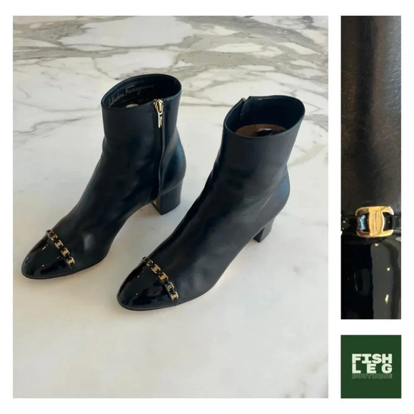 Salvatore Ferragamo Shoes - Salvatore Ferragamo | Atri Logo Gold Chain Leather Bootie - Black / Sz 9.5
